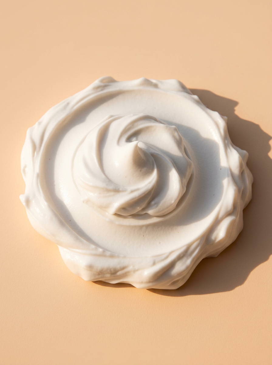 White whipped cream-textured luxury sunscreen mousse