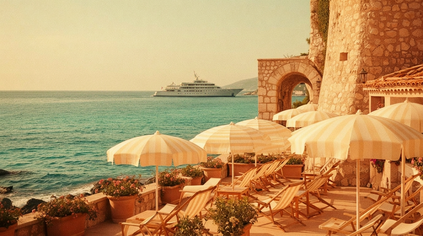 A vintage French Riviera private beach club at golden hour